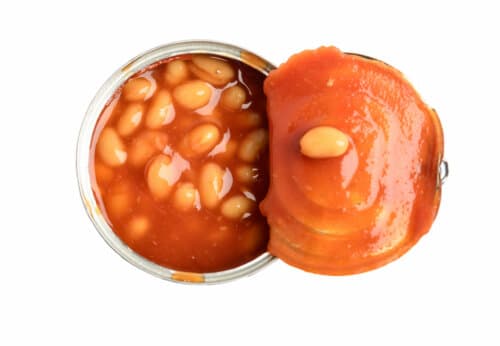 Top view of tomato sauce beans canned in metal tin