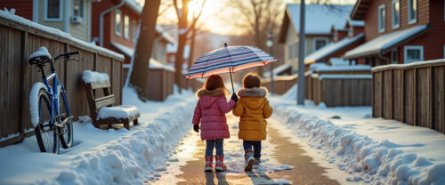 Two Children Walking With Umbrella In Snowy Neighborhood At Sunset